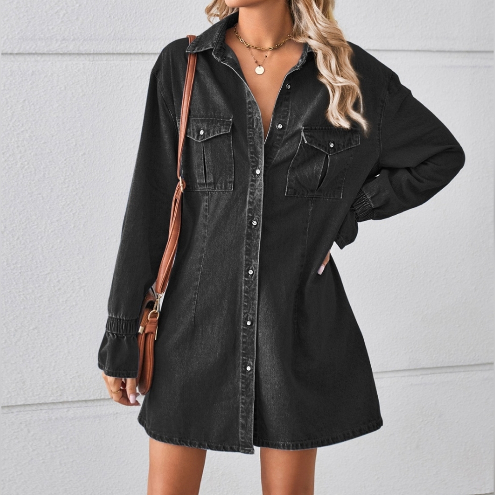 Casual Pocketed Mini Denim Dress